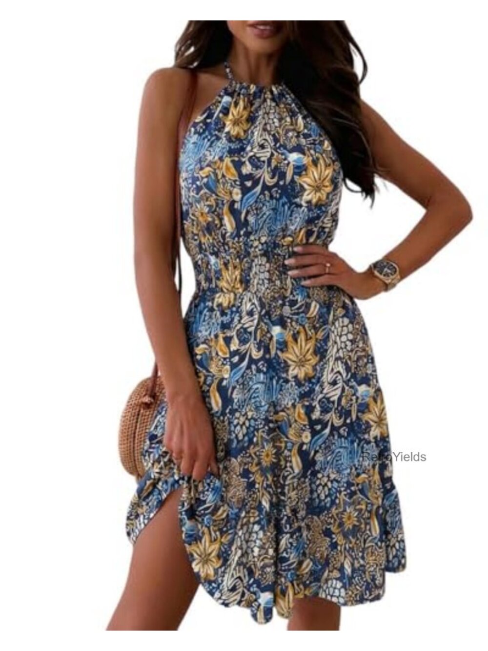 Women Sleeveless Halter Floral Print Short Dress Casual Summer